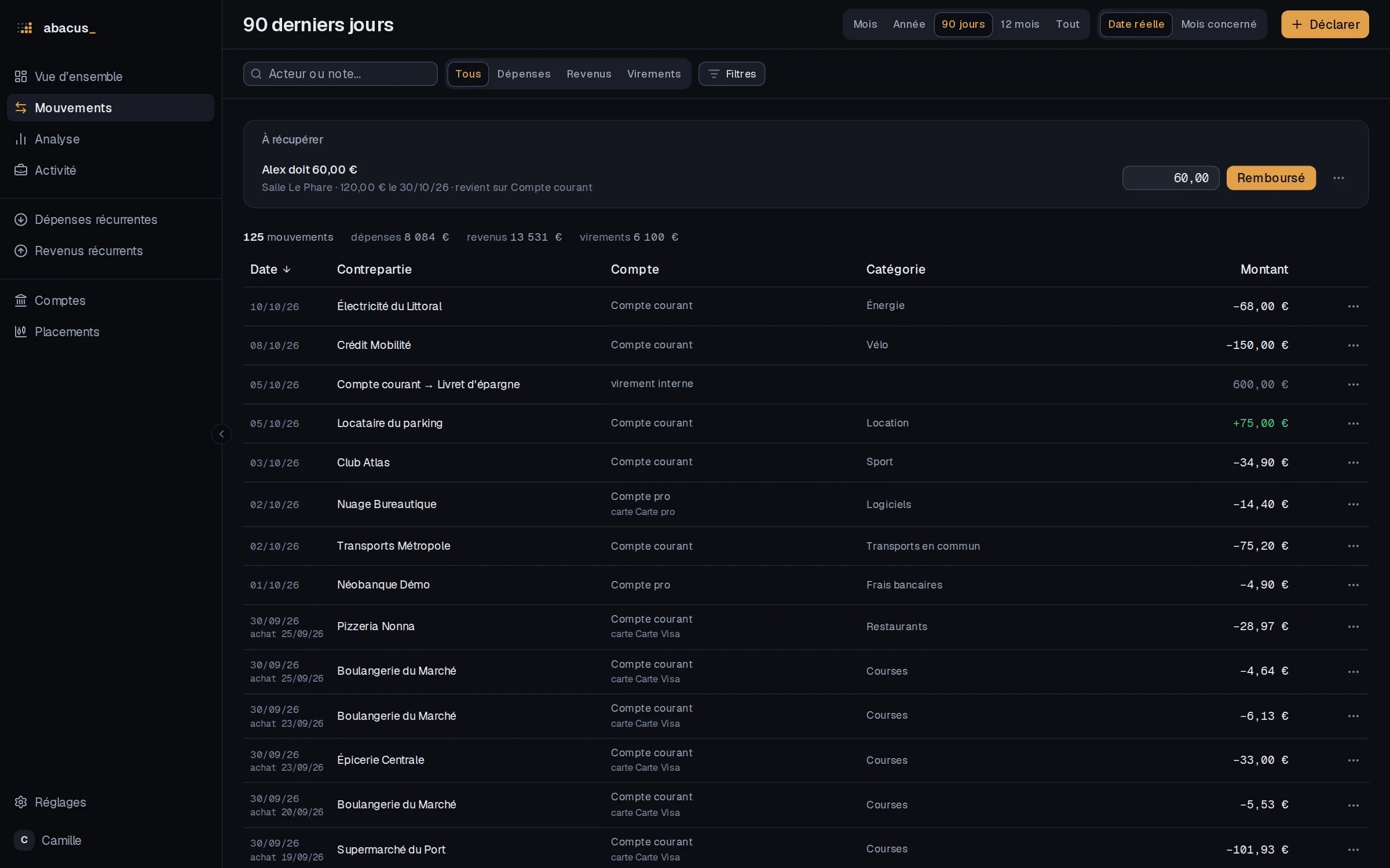 Liste des mouvements avec dates, contreparties, catégories et montants, données fictives.