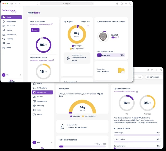 Two screens of CarbonScore: an employee's home page with their score, their impact in grams of CO2 and their current season level, and their dashboard with a behaviour score against the organisation's average.