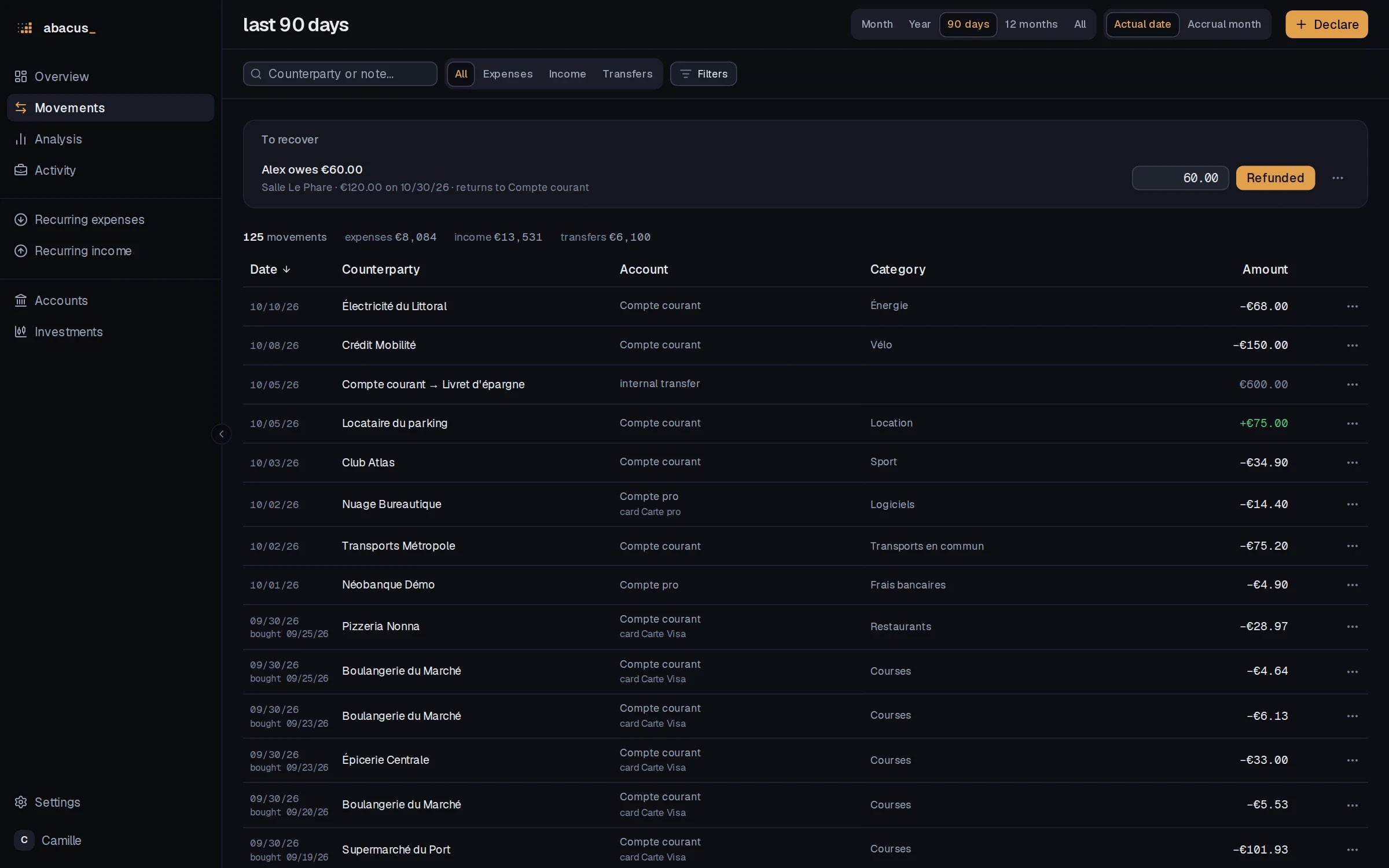 Movements list with dates, counterparties, categories and amounts, fictitious data.