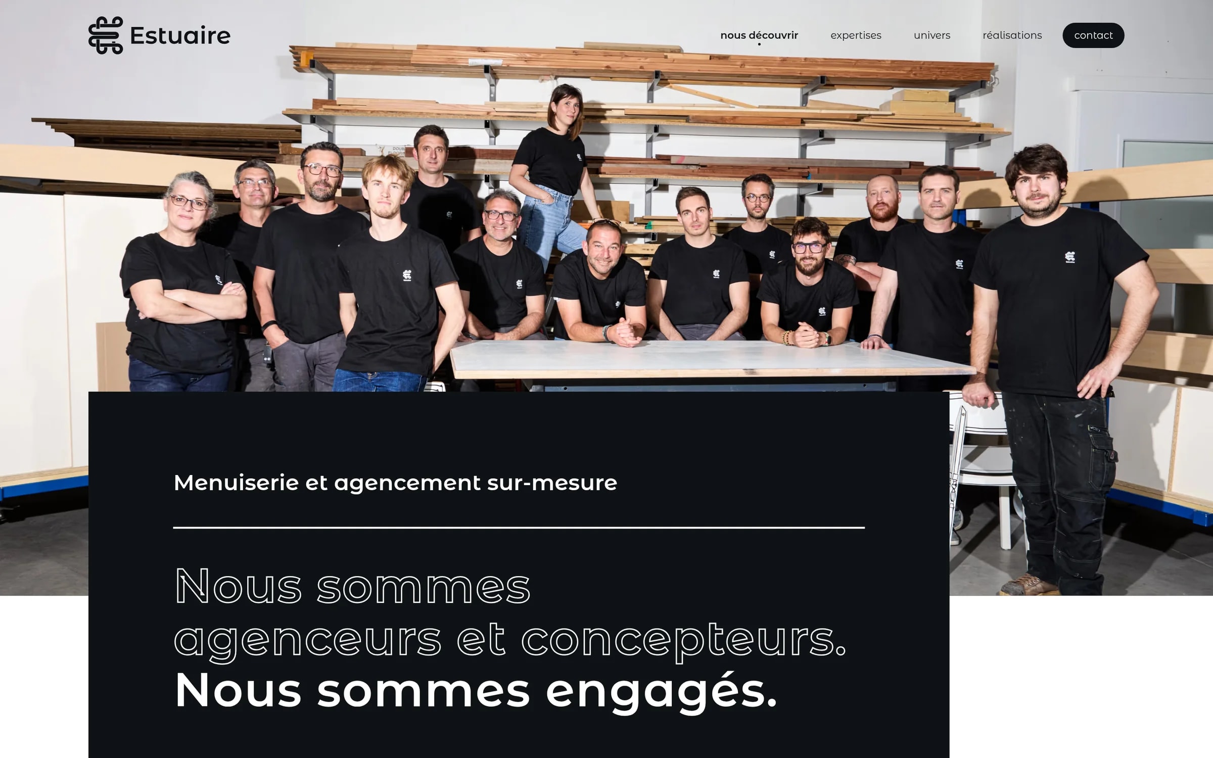 About Estuaire page: the team in the workshop, with the heading “Nous sommes agenceurs et concepteurs”.
