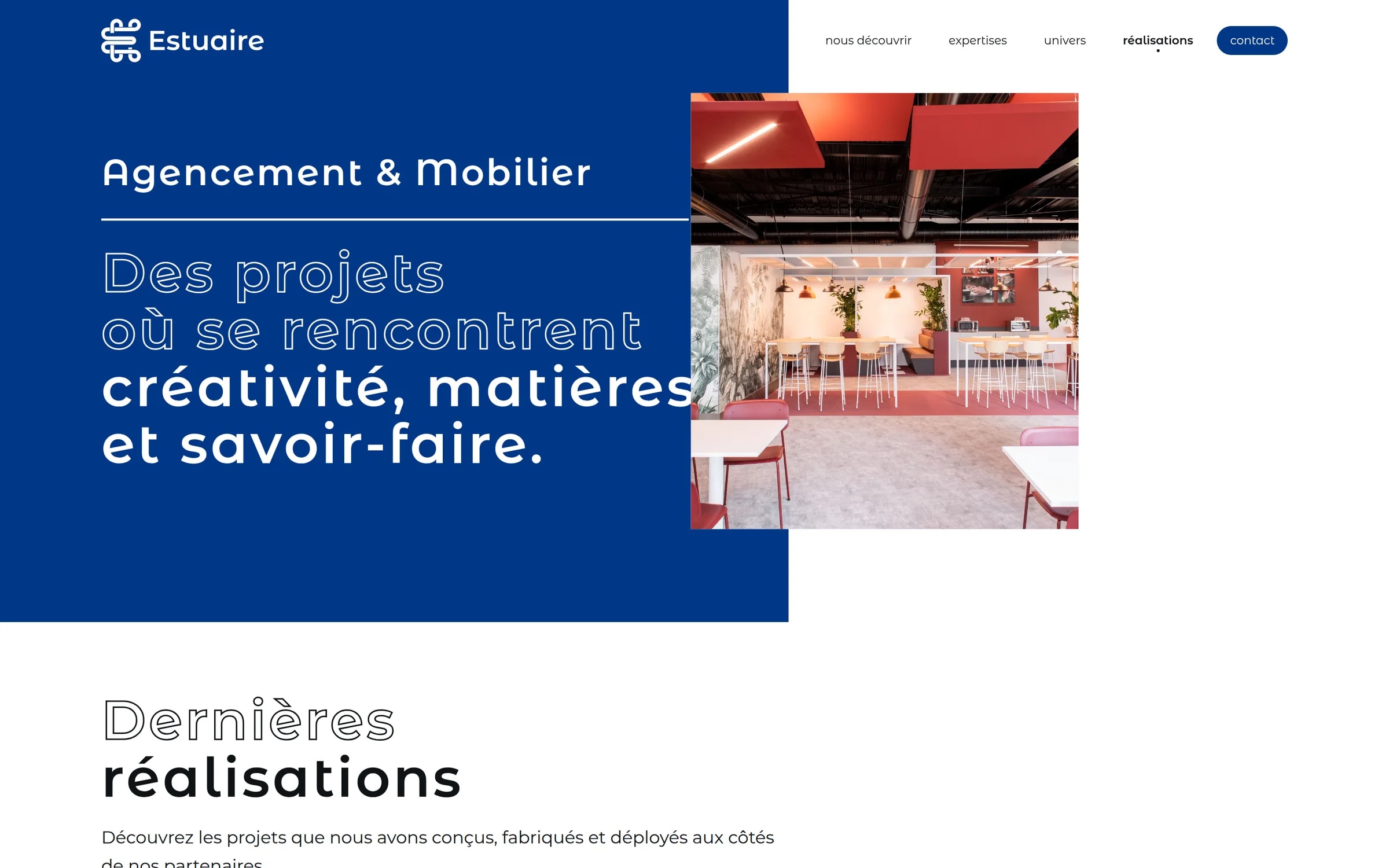 Case studies page on a deep blue panel: “Des projets où se rencontrent créativité, matières et savoir-faire”, beside a photo of a fitted canteen.