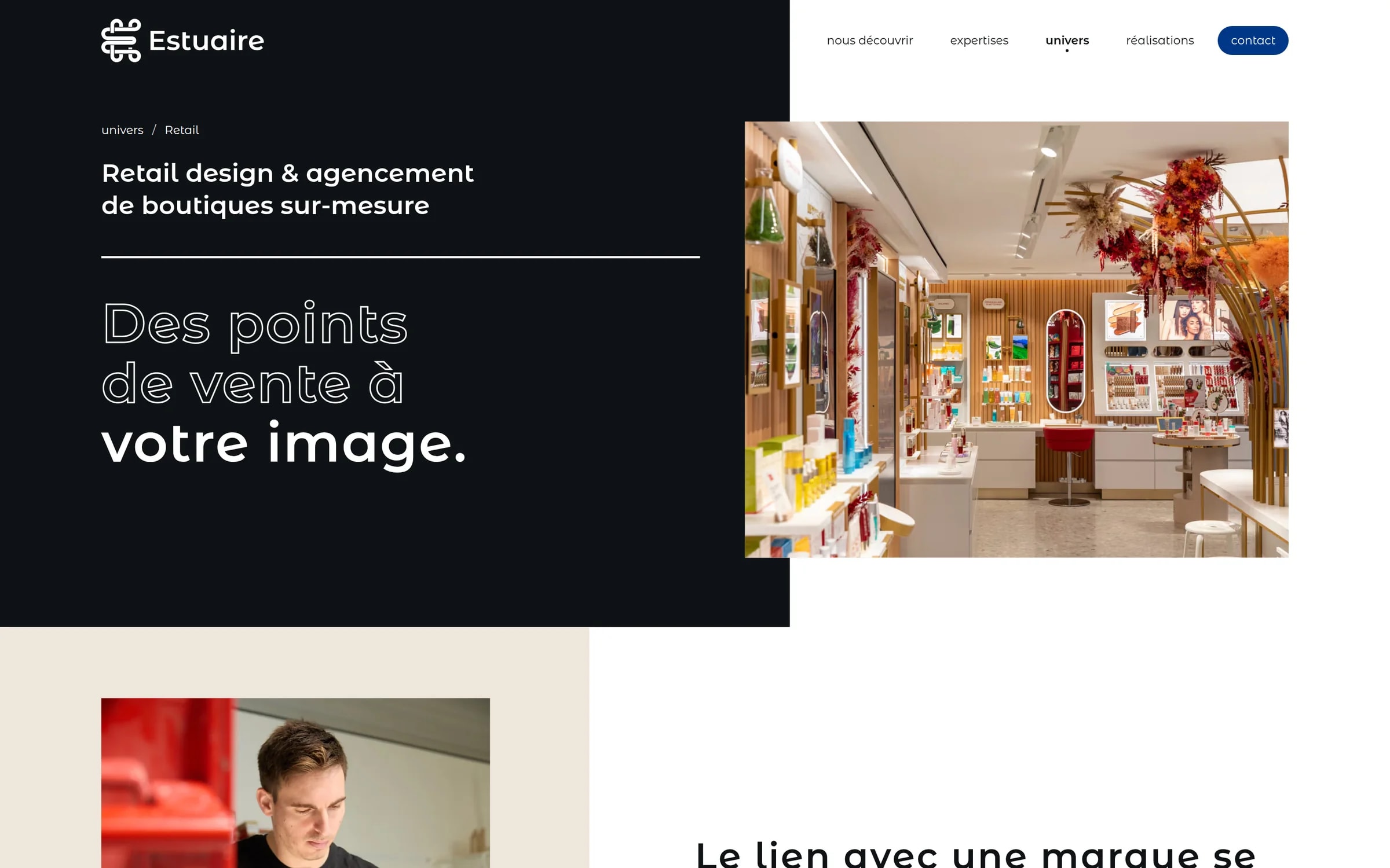 Retail sector page: “Des points de vente à votre image” beside a photo of a fitted shop.